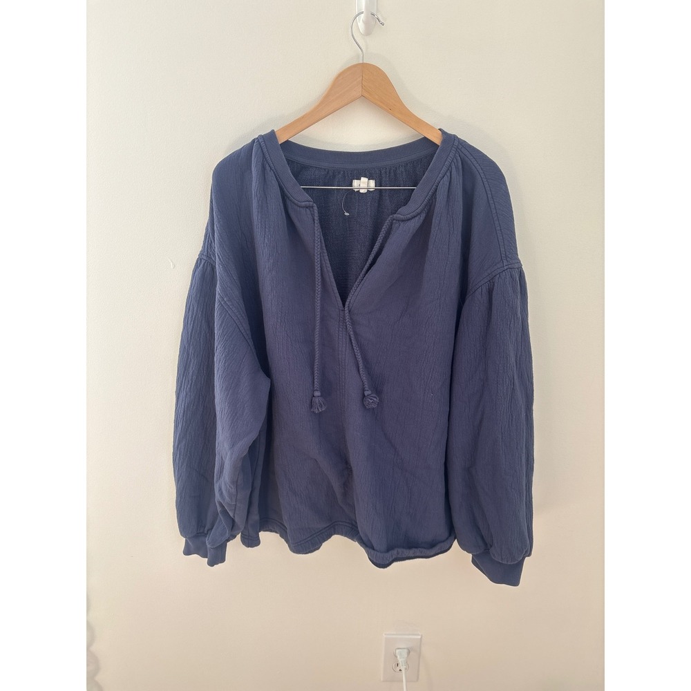 Aerie Blue Textured Gauze French Terry V-Neck Tassel Sweatshirt Large L/G